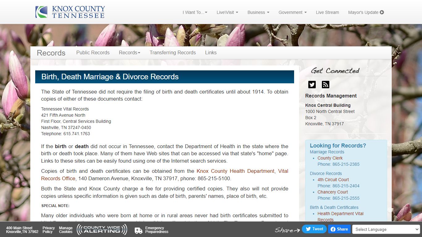 Birth, Death Marriage & Divorce Records - Knox County, Tennessee